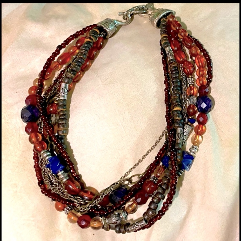 Chico’s Necklace silver tone multi-strand Necklace.  Blue, orange, brown & red